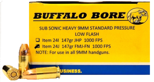 Buffalo Bore Ammunition 9mm Full Metal Jacket Flat Nose, 147 Grain (20 Rounds) - 24J/20