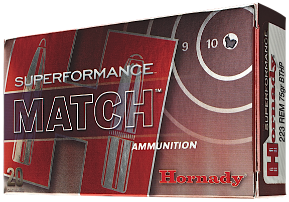 Hornady Superformance Match .223 Remington/5.56 NATO Boat Tail Hollow Point, 75 Grain (20 Rounds) - 81264